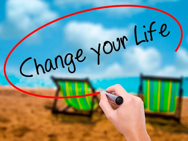 Man Hand writing Change your Life with black marker on visual sc — Stock Photo, Image