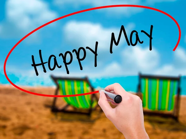 Man Hand writing Happy May con marcador negro en pantalla visual —  Fotos de Stock