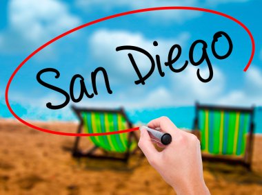 Adam el San Diego ile siyah kalemi görsel ekranda yazma.