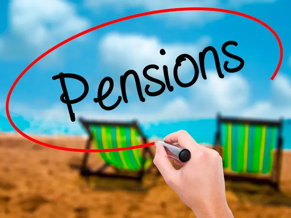 Man Hand writing Pensions with black marker on visual screen — Stock Photo, Image