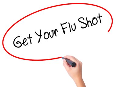 Kadın el Get Your Flu Shot ile siyah kalemi görsel üzerinde yazılı.