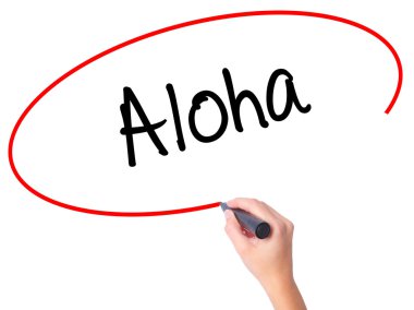 Kadın el Aloha siyah kalemi ile görsel ekranda yazma.