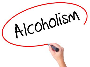 Kadın el alkolizm ile siyah kalemi görsel ekranda yazma.