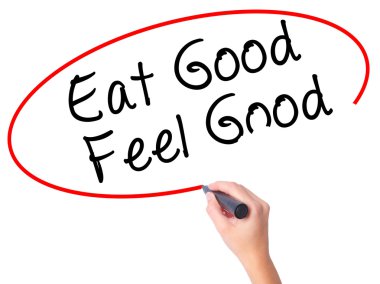Kadın el yemek iyi Feel Good siyah kalemi ile visua üzerinde yazma