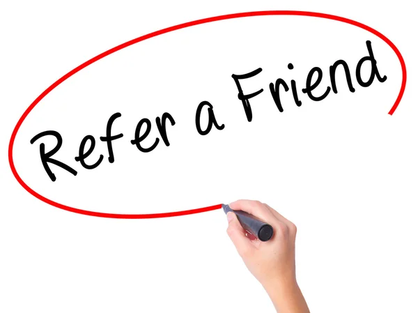 Women Hand writing Refer a Friend  with black marker on visual s — Stock Photo, Image