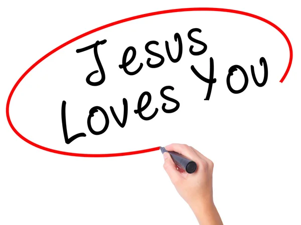 女性写作耶稣爱你用黑色记号笔在视觉上的手 — 图库照片