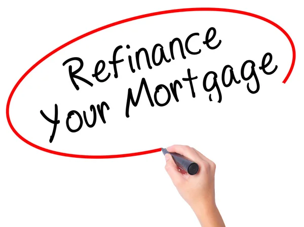 Kadın el ile siyah kalemi yazma Your Mortgage Refinance — Stok fotoğraf