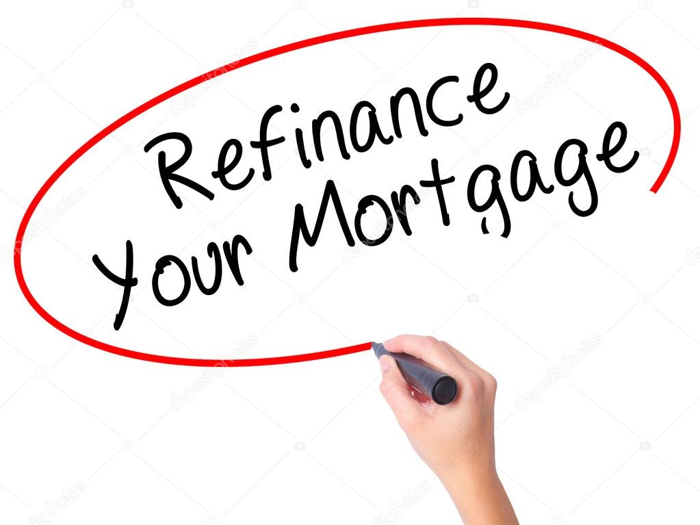 Women Hand writing Refinance Your Mortgage with black marker on 