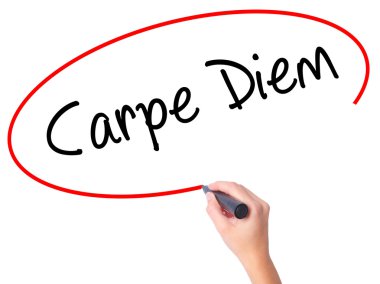 Kadın el Carpe Diem siyah kalemi ile görsel ekranda yazma.