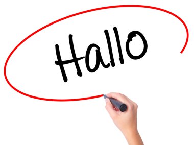 Kadın el ile siyah kalemi yazma Hallo (Merhaba Almanca)