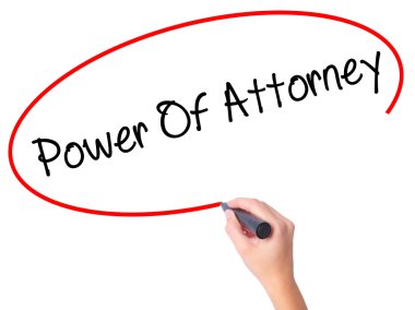 Women Hand writing Power Of Attorney with black marker on visual clipart