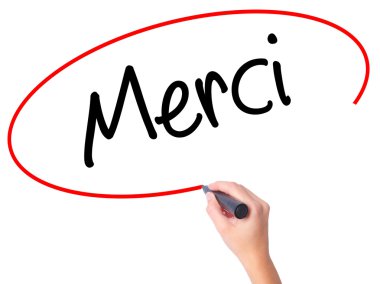 Kadın el ile siyah marke merci (Fransızca teşekkür ederim) yazma