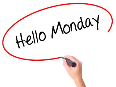 Kadın el Merhaba Pazartesi ile siyah kalemi görsel scre yazma.