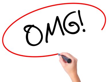 Kadın el OMG (Oh My God) ile siyah kalemi görsel s yazma.