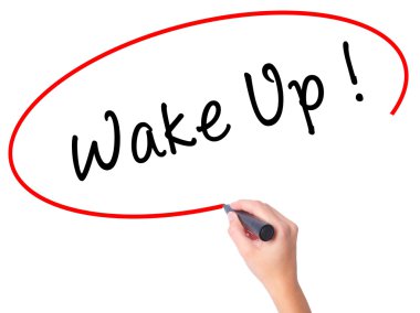 Kadın el Wake Up görsel ekranda siyah kalemi ile yazma