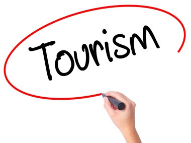 Kadın el turizm ile siyah kalemi görsel ekranda yazma..