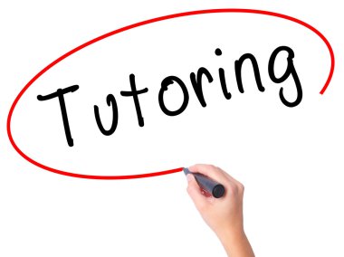 Women Hand writing Tutoring with black marker on visual screen clipart