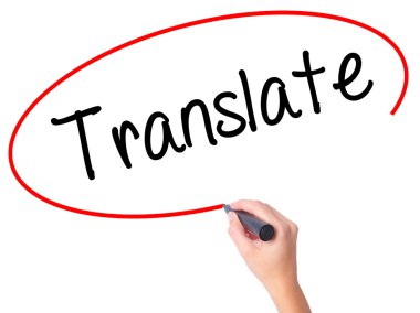 Kadın el Translate ile siyah kalemi görsel ekranda yazma.