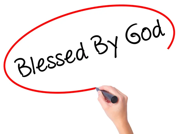 Women Hand writing Blessed By God with black marker on visual sc — Stock Photo, Image