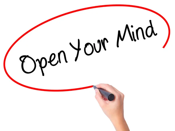 Women Hand writing Open Your Mind with black marker on visual sc — Stock Photo, Image