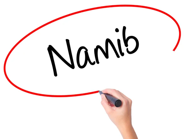 Mujer Hand writing Namib con marcador negro en pantalla visual — Foto de Stock