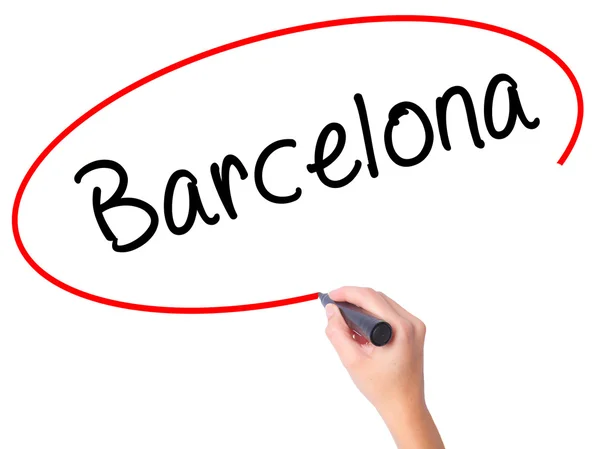 Kadın el Barcelona ile siyah kalemi görsel ekranda yazma. — Stok fotoğraf