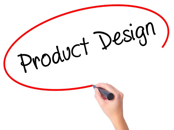 Women Hand writing Product Design with black marker on visual sc — Stock Photo, Image