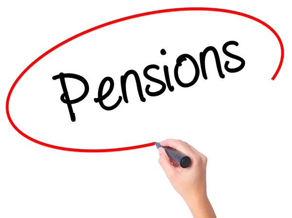 Women Hand writing Pensions with black marker on visual screen — Stock Photo, Image