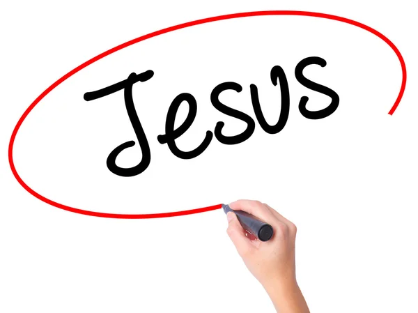 Vrouwen Hand schrijven van Jesus met zwarte marker op visuele scherm — Stockfoto