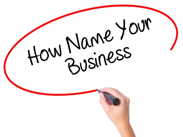 Women Hand writing How Name Your Business with black marker on v — Stock Photo, Image