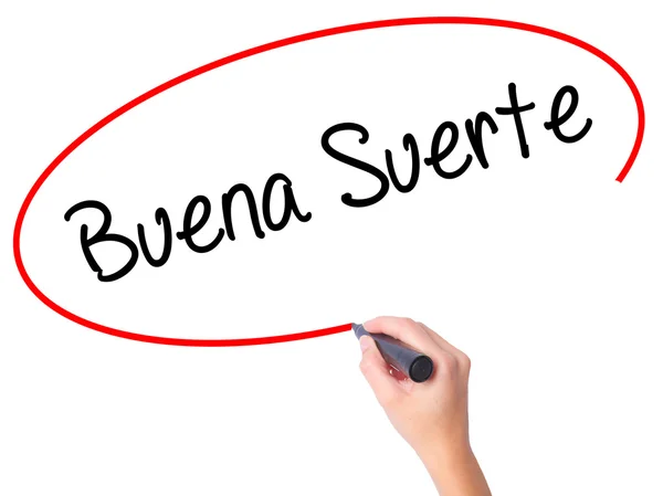 Mujer Hand writing Buena Suerte con blac — Foto de Stock