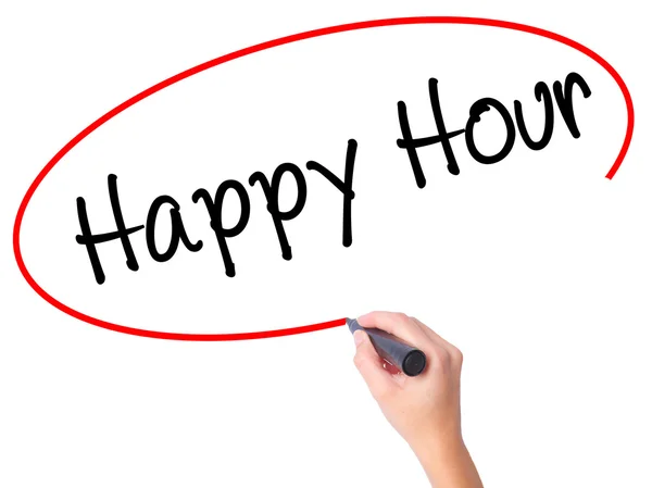 Women Hand writing Happy Hour with black marker on visual screen — Stock Photo, Image