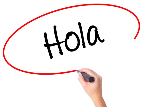 Mujer Escritura a mano Hola (Hello en español) con marcador negro en — Foto de Stock