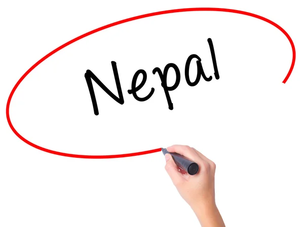 Perempuan Tangan menulis Nepal dengan penanda hitam pada layar visual — Stok Foto