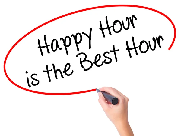 Women Hand writing Happy Hour is the Best Hour  with black marke