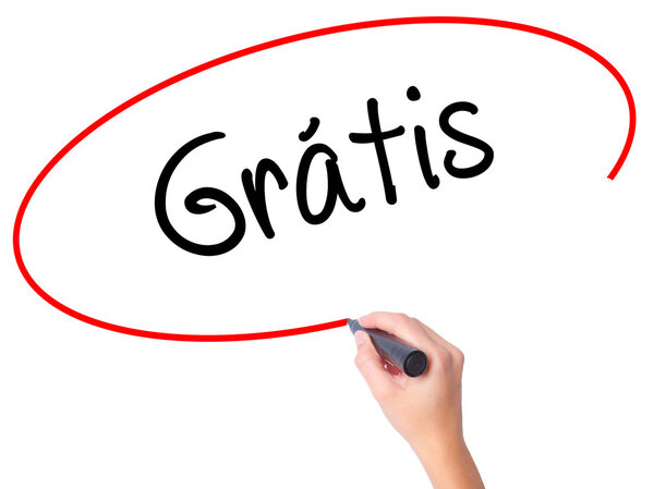 Women Hand writing Gratis with black marker on visual screen.