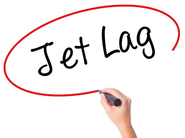 Women Hand writing  Jet Lag with black marker on visual screen