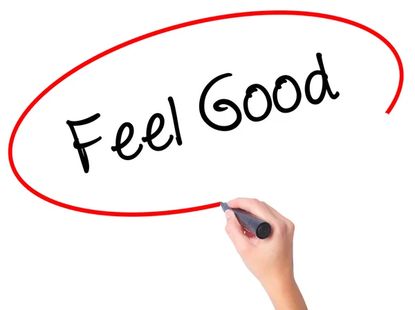 Kadın el Feel Good siyah kalemi ile görsel ekranda yazma — Stok fotoğraf