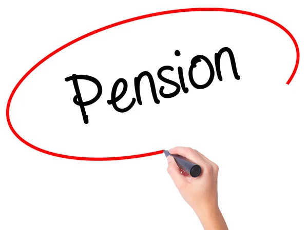 Women Hand writing  Pension with black marker on visual screen — Stock Photo, Image