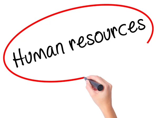 Women Hand writing Human resources with black marker on visual s — Stock Photo, Image