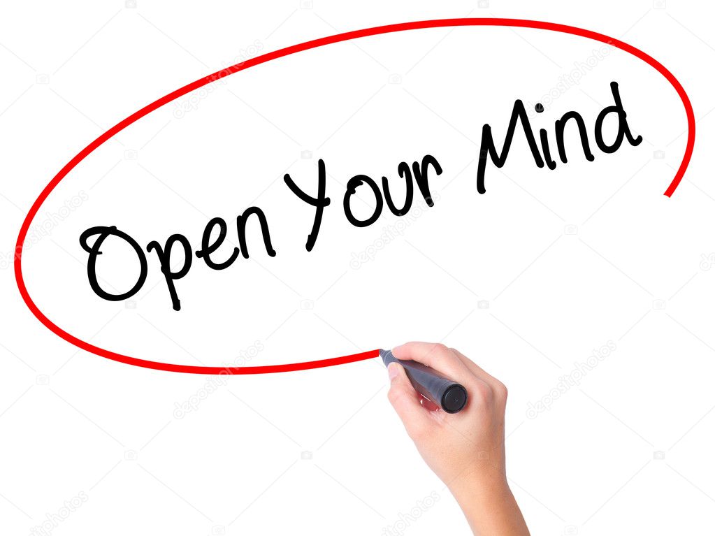 Women Hand writing Open Your Mind with black marker on visual sc