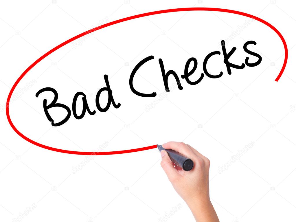 Women Hand writing Bad Checks with black marker on visual screen