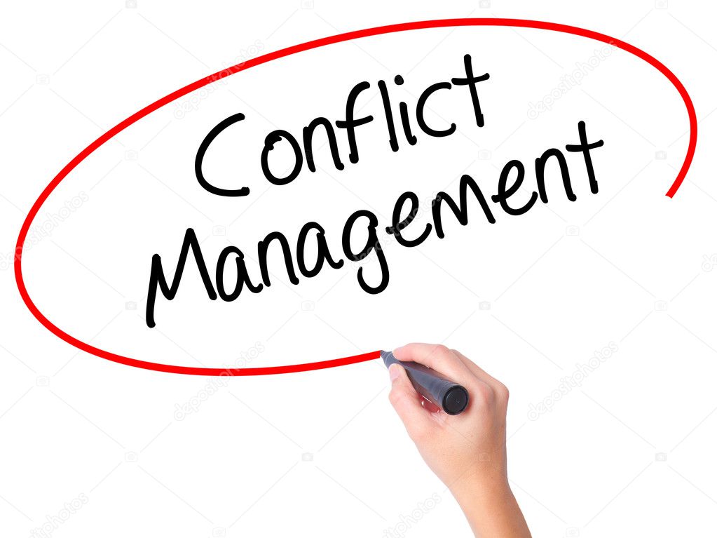 Women Hand writing Conflict Management with black marker on visu