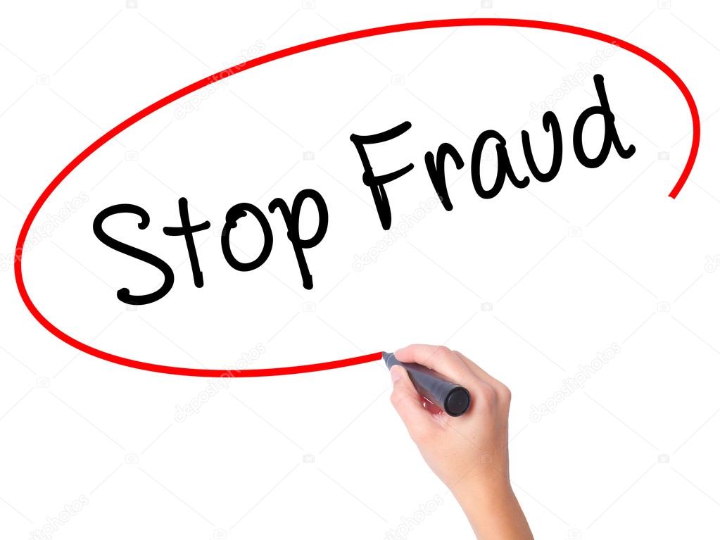 Women Hand writing  Stop Fraud  with black marker on visual scre