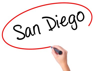 Kadın el San Diego ile siyah kalemi görsel ekranda yazma.