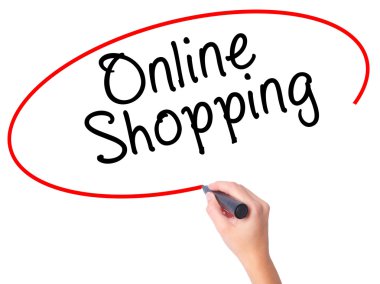 Kadın el online alışveriş ile siyah kalemi görsel s yazma