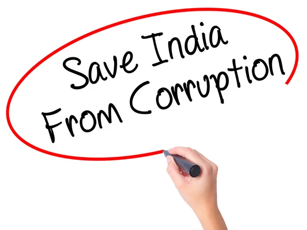 Women Hand writing Save India From Corruption with black marker — Stock Photo, Image