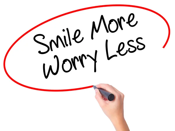 Women Hand writing Smile More Worry Less with black marker on vi — Stock Photo, Image