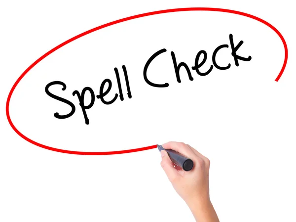 Women Hand writing Spell Check  with black marker on visual scre — Stock Photo, Image