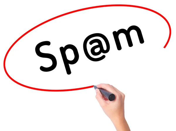 Women Hand writing Spam with black marker on visual screen — Stock Photo, Image